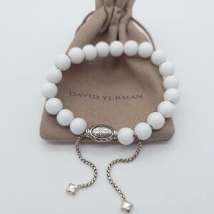 David Yurman Sterling Silver 8mm White Agate Spiritual Bead Beaded Pull Bracelet